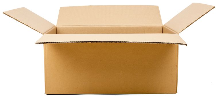 Opened cardboard box parcel, isolated on white