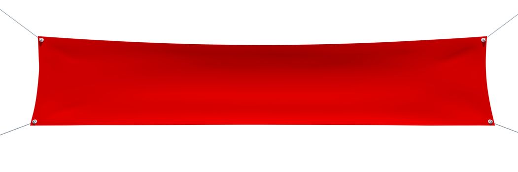 Empty red banner with corners ropes. Textile. Isolated on white background. 3D illustration