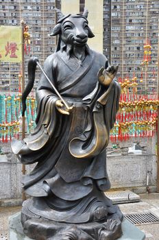 Hong Kong, China - June 25, 2014: Chinese Zodiac Bronze Sheep Stature at Sik Sik Yuen Wong Tai Sin Temple