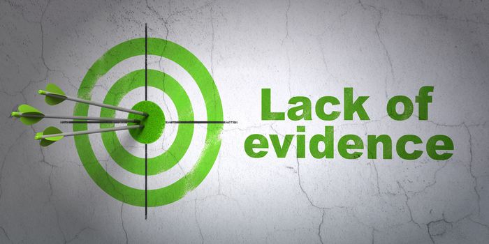 Success law concept: arrows hitting the center of target, Green Lack Of Evidence on wall background, 3D rendering