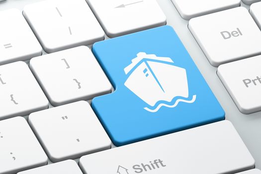 Vacation concept: Enter button with Ship on computer keyboard background, 3D rendering