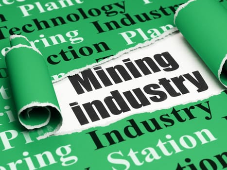 Industry concept: black text Mining Industry under the curled piece of Green torn paper with  Tag Cloud, 3D rendering