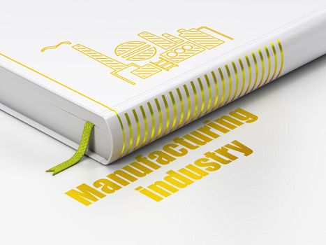 Industry concept: closed book with Gold Oil And Gas Indusry icon and text Manufacturing Industry on floor, white background, 3D rendering