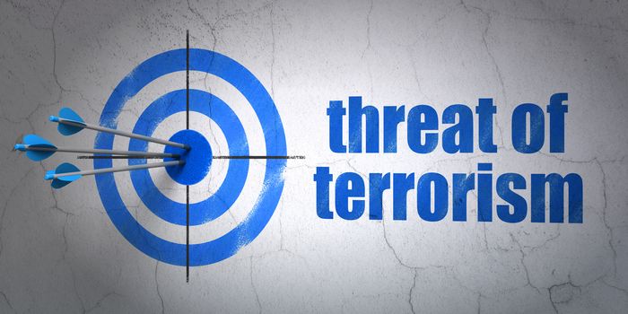 Success politics concept: arrows hitting the center of target, Blue Threat Of Terrorism on wall background, 3D rendering