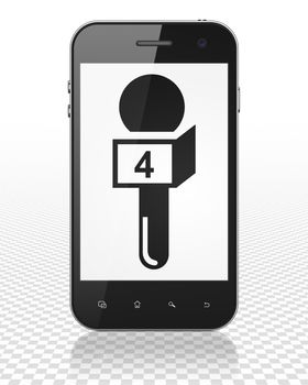 News concept: Smartphone with black Microphone icon on display, 3D rendering