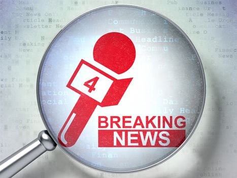 News concept: magnifying optical glass with Breaking News And Microphone icon on digital background, 3D rendering