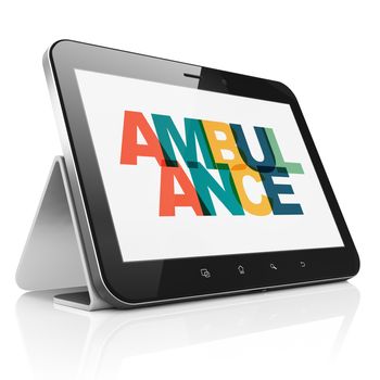 Medicine concept: Tablet Computer with Painted multicolor text Ambulance on display, 3D rendering