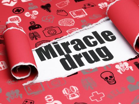 Health concept: black text Miracle Drug under the curled piece of Red torn paper with  Hand Drawn Medicine Icons, 3D rendering