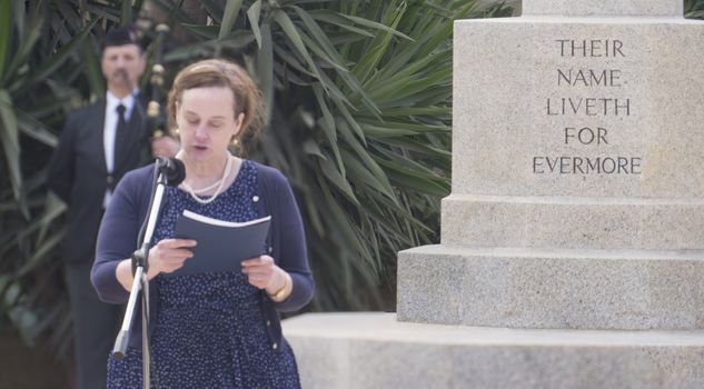 MALTA, Marsa: A woman reads in front of a memorial, for Anzac Day on April 25, 2016, in Malta.The Wreath laying ceremony takes place on the anniversary of the first major military action fought by Australian and New Zealand forces during World War I. Thousands of wounded Australians, New Zealanders, Canadians and English were sent to the tiny Mediterranean island for care during the Gallipoli campaign. ANZAC stands for Australian and New Zealand Army Corps.