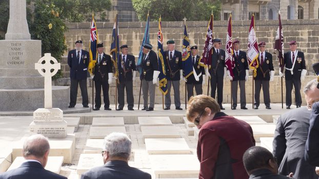 MALTA, Marsa: Veterans stand bearing the flags at the memorial for Anzac Day on April 25, 2016, in Malta.The Wreath laying ceremony takes place on the anniversary of the first major military action fought by Australian and New Zealand forces during World War I. Thousands of wounded Australians, New Zealanders, Canadians and English were sent to the tiny Mediterranean island for care during the Gallipoli campaign. ANZAC stands for Australian and New Zealand Army Corps. 