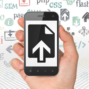 Web development concept: Hand Holding Smartphone with  black Upload icon on display,  Hand Drawn Site Development Icons background, 3D rendering