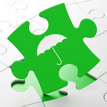 Privacy concept: Umbrella on Green puzzle pieces background, 3D rendering