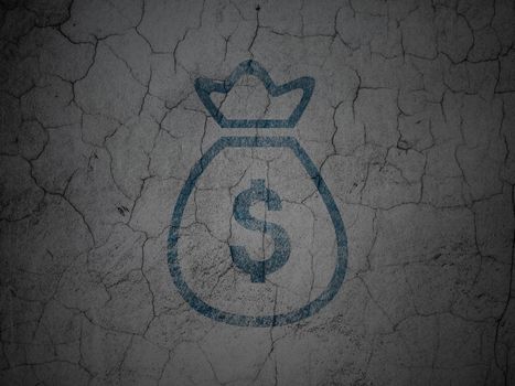 Money concept: Blue Money Bag on grunge textured concrete wall background
