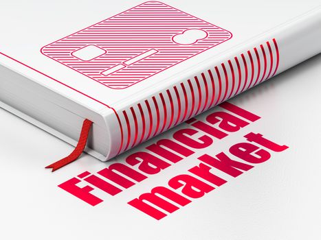 Money concept: closed book with Red Credit Card icon and text Financial Market on floor, white background, 3D rendering