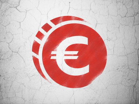 Currency concept: Red Euro Coin on textured concrete wall background