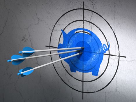 Success banking concept: arrows hitting the center of Blue Money Box target on wall background, 3D rendering