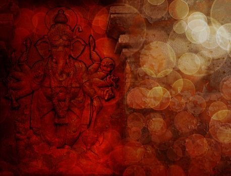 Hindu God Ganesh with Many Arms Carved Wall Relief on Exterior of Hindu Temple in Red Grunge Texture Background