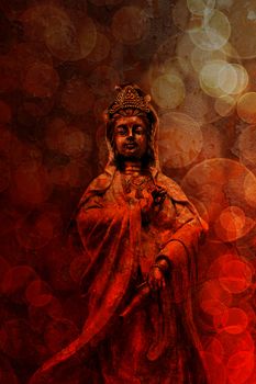 Kuan Yin Goddess of Compassion Bronze Statue Standing on red grunge texture blurred defocused bokeh background