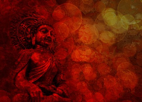 Bronze Buddha Statue Touching Earth Sitting Position with Blurred Textured Red Background