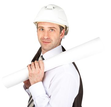 Smiling businessman in helmet holding blueprints and jacket isolated on white background