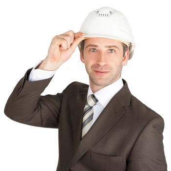 Businessman holding his helmet isolated on white background, closeup
