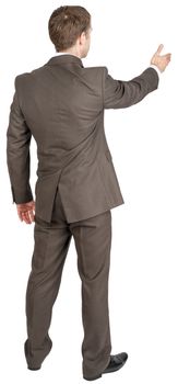Back view of businessman in suit out to shake hand. Isolated over white background