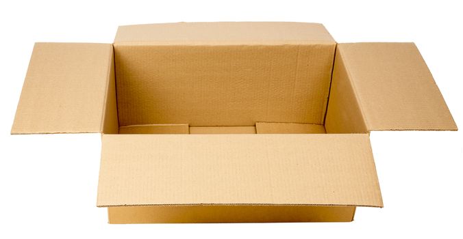 Open cardboard box, isolated on white background