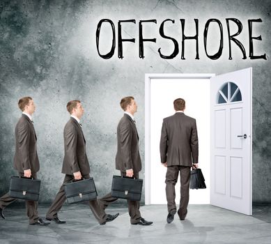 Set of businessmen come in door with light and word offshore