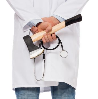 Evil medic holding a small axe, isolated on white