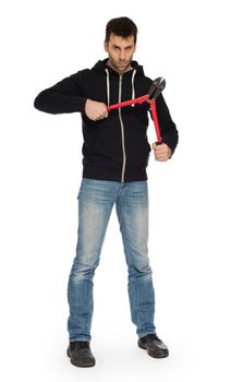 Robber with red bolt cutters, isolated on white