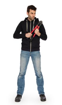 Robber with red bolt cutters, isolated on white