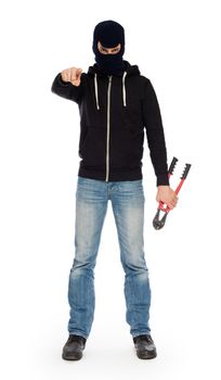 Robber with red bolt cutters, isolated on white