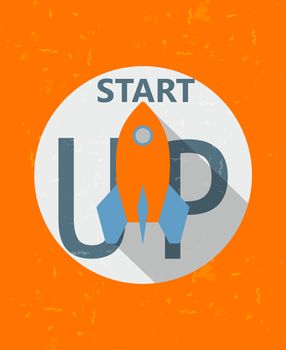 start up and rocket symbol - business development concept words in grunge drawn flat design label