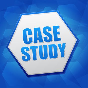 case study over blue background with flat design hexagons, education concept words