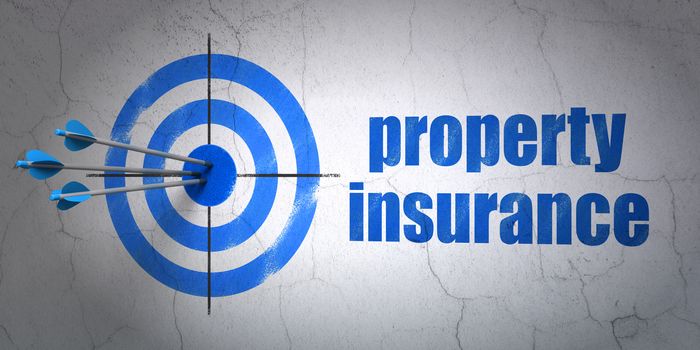 Success Insurance concept: arrows hitting the center of target, Blue Property Insurance on wall background, 3D rendering