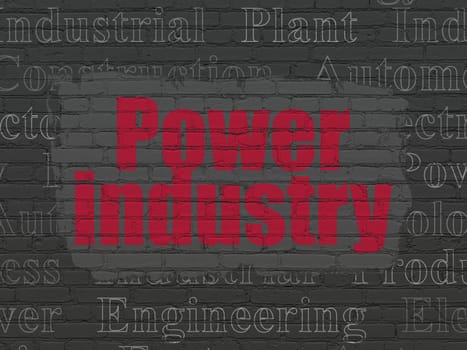 Manufacuring concept: Painted red text Power Industry on Black Brick wall background with  Tag Cloud