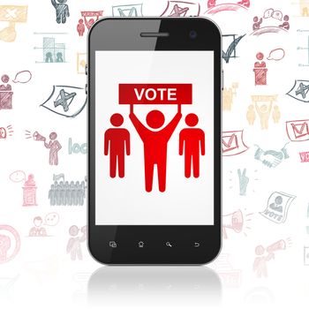 Politics concept: Smartphone with  red Election Campaign icon on display,  Hand Drawn Politics Icons background, 3D rendering