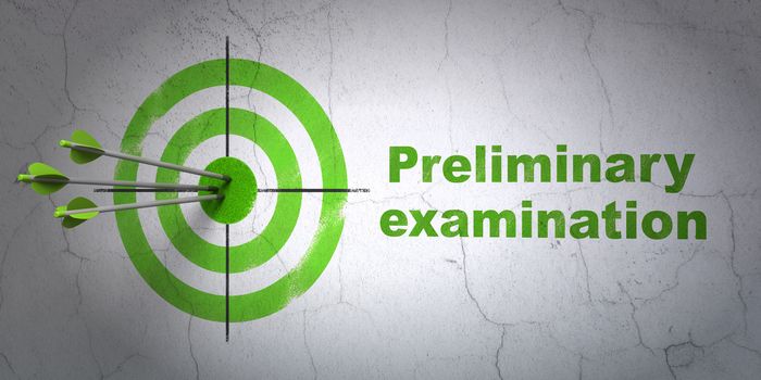 Success Studying concept: arrows hitting the center of target, Green Preliminary Examination on wall background, 3D rendering