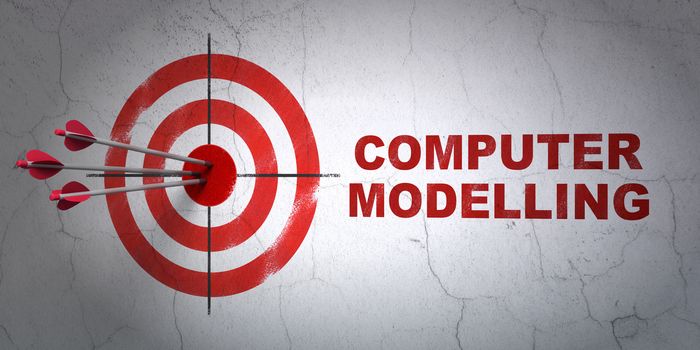 Success Science concept: arrows hitting the center of target, Red Computer Modelling on wall background, 3D rendering