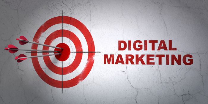 Success marketing concept: arrows hitting the center of target, Red Digital Marketing on wall background, 3D rendering