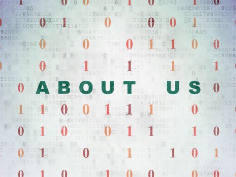 Finance concept: Painted green text About us on Digital Data Paper background with Binary Code
