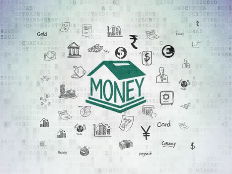 Banking concept: Painted green Money Box icon on Digital Data Paper background with  Hand Drawn Finance Icons