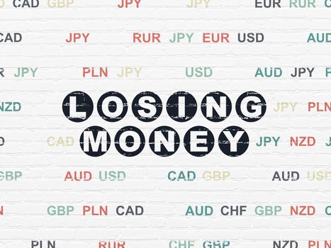 Money concept: Painted black text Losing Money on White Brick wall background with Currency