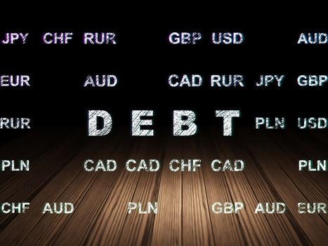 Banking concept: Glowing text Debt in grunge dark room with Wooden Floor, black background with Currency