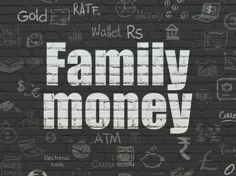 Currency concept: Painted white text Family Money on Black Brick wall background with  Hand Drawn Finance Icons