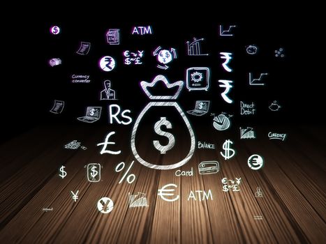 Banking concept: Glowing Money Bag icon in grunge dark room with Wooden Floor, black background with  Hand Drawn Finance Icons