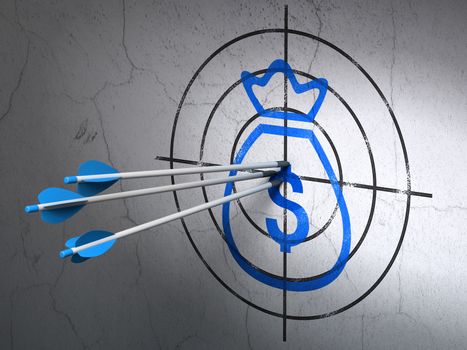 Success money concept: arrows hitting the center of Blue Money Bag target on wall background, 3D rendering