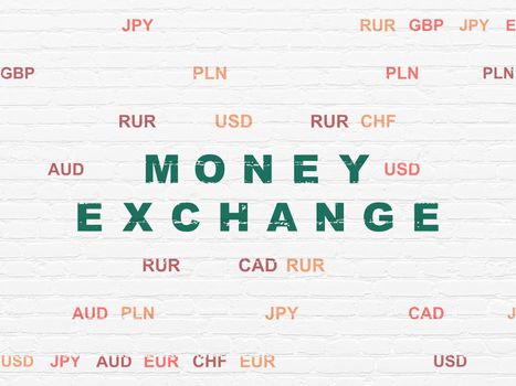 Money concept: Painted green text Money Exchange on White Brick wall background with Currency