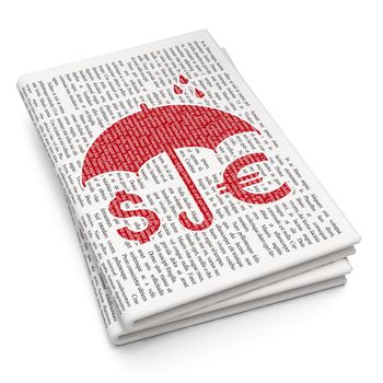Security concept: Pixelated red Money And Umbrella icon on Newspaper background, 3D rendering