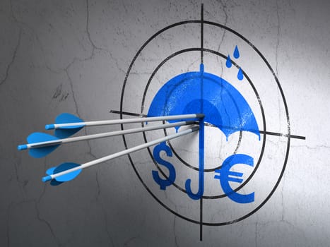 Success protection concept: arrows hitting the center of Blue Money And Umbrella target on wall background, 3D rendering